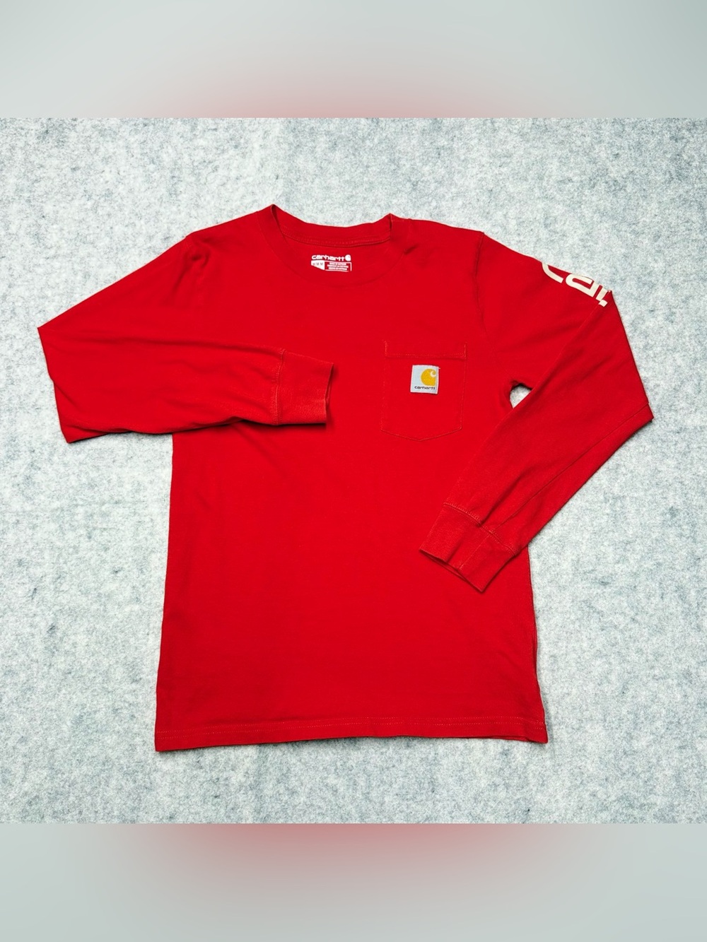 Carhartt Boys Long Sleeve Pocket T-Shirt Red Size Medium M 10-12 Graphic Sleeve
